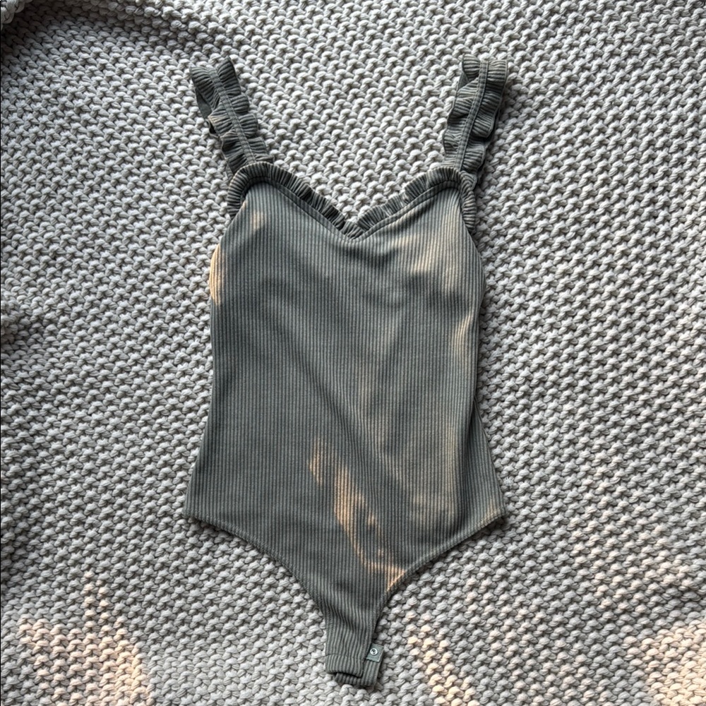 Pink Lily Olive green ruffle bodysuit